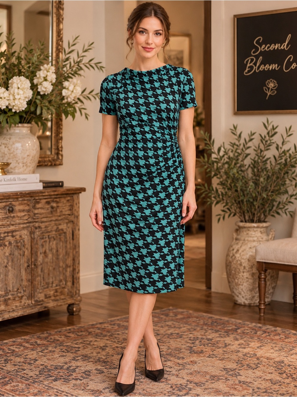 Anne Klein Teal Black Houndstooth Ruched Dress Size 8
